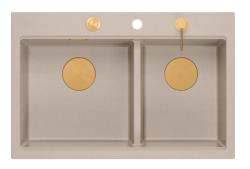 Quadri Hard Rock Dupla Beige Gránit Felépítmény Mosogató 76x50 cm Réz dugóval és tartozékokkal 1208971726