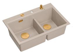 Quadri Hard Rock Dupla Beige Gránit Felépítmény Mosogató 76x50 cm Réz dugóval és tartozékokkal 1208971726