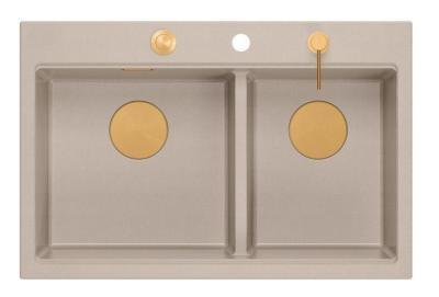 Quadri Hard Rock Dupla Beige Gránit Felépítmény Mosogató 76x50 cm Réz dugóval és tartozékokkal 1208971726