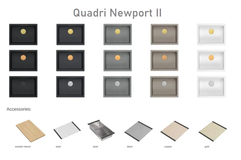 Quadri Newport II gránit aláépíthető bézs mosogató 560x450mm réz lefolyóval és lefolyó sapkával 1208971764