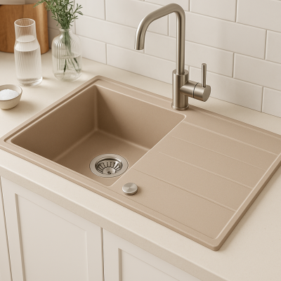 Quadri Luton pearl beige gránit felületi mosogató csapópulttal, fordítható 86x50cm, rozsdamentes acél dugóval 1208971779