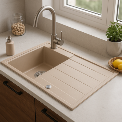 Quadri Luton pearl beige gránit felületi mosogató csapópulttal, fordítható 86x50cm, rozsdamentes acél dugóval 1208971779