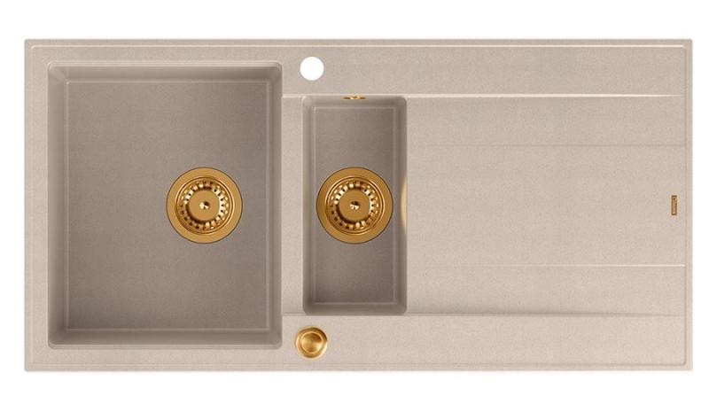 Quadri Luton pearl beige gránit felépítésű 1,5 medencés mosogató visszafordítható csepegtetővel 100x50cm réz dugóval 1208971792