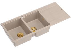 Quadri Luton felépítésű dupla gránit mosogató pearl beige színben csepegtető résszel 116x50 cm arany dugóval 1208971809