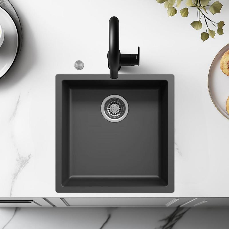 Ausmann Fibre fekete mosogató 40x40cm alulról, felülről és síkba építve automatikus RVS dugóval 1208971836