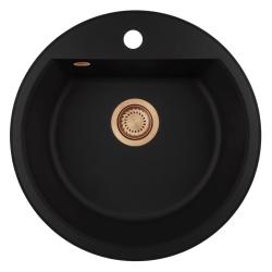 GraniteMy Bremen kerek gránit mosogató 43 cm fekete felületi és alulról szerelhető csaplyukkal és réz dugóval 1208971837