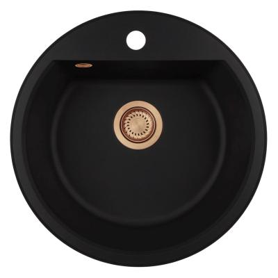 GraniteMy Bremen kerek gránit mosogató 43 cm fekete, felületre és aláépítésre, csaplyukkal és automatikus réz dugóval 1208971838