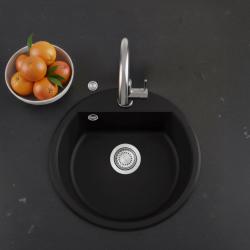 GraniteMy Bremen kerek gránit mosogató 43 cm fekete, felületre és aláépítésre, csaplyukkal és automatikus rozsdamentes acél dugóval 1208971840