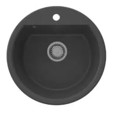 GraniteMy Bremen kerek gránit mosogató 43 cm fekete, felületre és aláépítésre, csaplyukkal és automatikus rozsdamentes acél dugóval 1208971840
