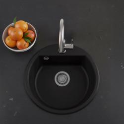 GraniteMy Bremen kerek gránit mosogató 43 cm fekete, felületre és alulra szerelhető, csaphelyzettel és fém dugóval 1208971842