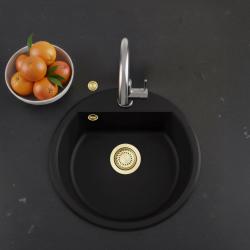 GraniteMy Bremen kerek gránit mosogató 43 cm fekete, felszerelhető és alulról szerelhető, csaplyukkal és automatikus arany dugóval 1208971843