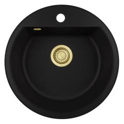 GraniteMy Bremen kerek gránit mosogató 43 cm fekete, felszerelhető és alulról szerelhető, csaplyukkal és automatikus arany dugóval 1208971843