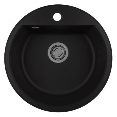 GraniteMy Bremen kerek gránit mosogató 43 cm fekete, felületre és aláépítésre, csaphelyzettel és automatikus fém dugóval 1208971844
