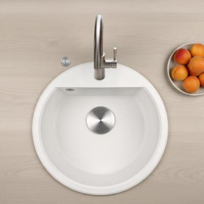GraniteMy Bremen kerek gránit mosogató 43 cm fehér, felületre és aláépítésre, csaplyukkal és automatikus rozsdamentes acél dugóval 1208971845