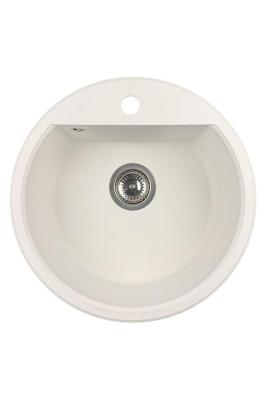 GraniteMy Bremen kerek gránit mosogató 43 cm fehér, felületre és aláépítésre, csaplyukkal és automatikus rozsdamentes acél dugóval 1208971845