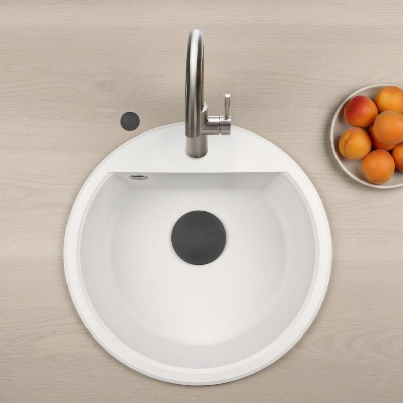 GraniteMy Bremen kerek gránit mosogató 43 cm fehér, felületre és alulra szerelhető, csaplyukkal és automata fekete dugóval 1208971846