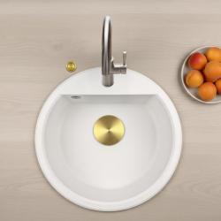 GraniteMy Bremen kerek gránit mosogató 43 cm fehér, felületre és aláépítésre, csaplyukkal és automatikus arany dugóval 1208971848