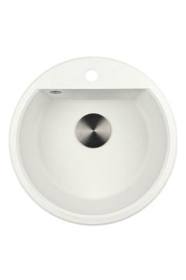 GraniteMy Bremen kerek gránit mosogató 43 cm fehér, felületre és aláépítésre, csaplyukkal és automatikus fém dugóval 1208971849