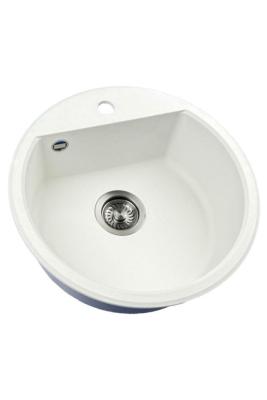 GraniteMy Bremen kerek gránit mosogató 43 cm fehér, felületre és aláépítésre, csaplyukkal és automatikus fém dugóval 1208971849