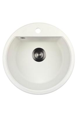 GraniteMy Bremen kerek gránit mosogató 43 cm fehér, felületre és aláépítésre, csaplyukkal és automatikus fém dugóval 1208971849