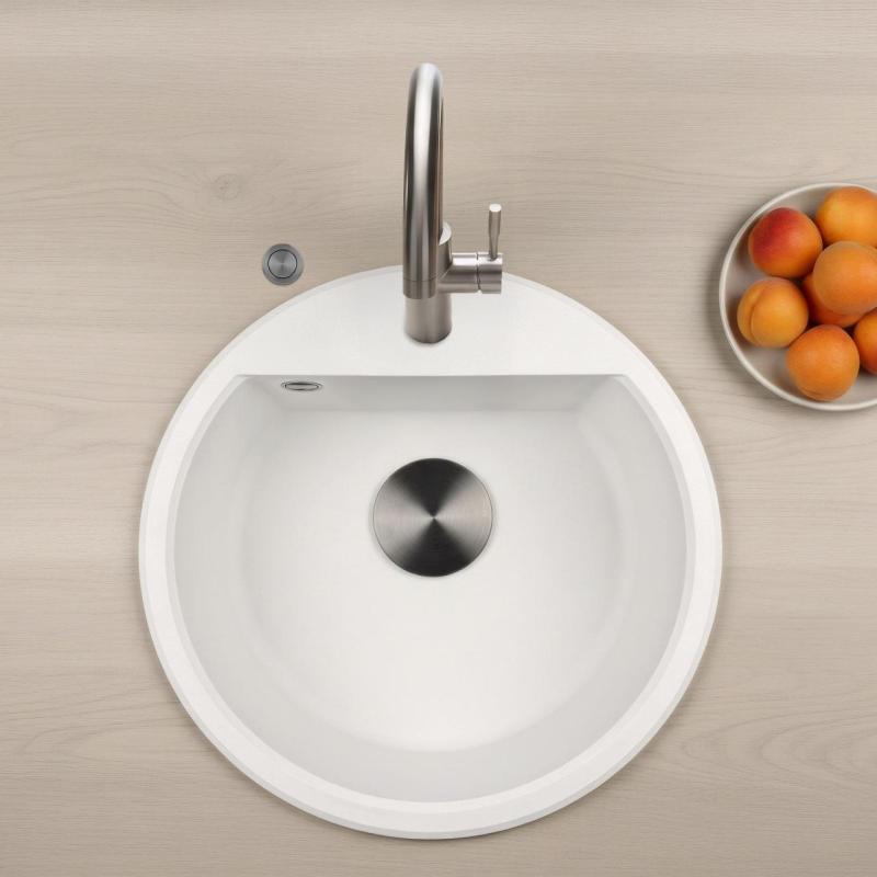 GraniteMy Bremen kerek gránit mosogató 43 cm fehér, felületre és aláépítésre, csaplyukkal és automatikus fém dugóval 1208971849