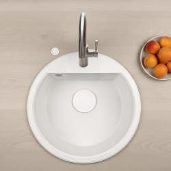 GraniteMy Bremen kerek gránit mosogató 43 cm fehér, felépített és alulról, csaplyukkal és automatikus fehér dugóval 1208971850