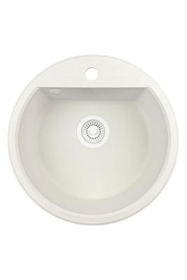 GraniteMy Bremen kerek gránit mosogató 43 cm fehér, felépített és alulról, csaplyukkal és automatikus fehér dugóval 1208971850