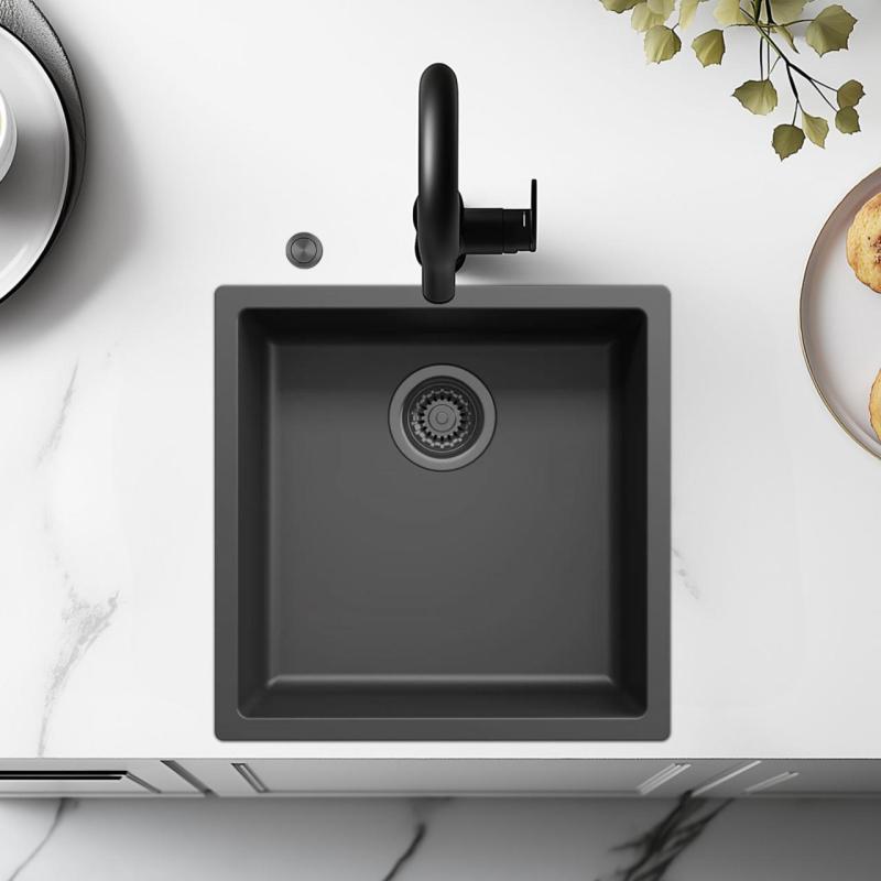 Ausmann Fibre fekete mosogató 40x40cm alulról, felülről és laposan beépíthető automatikus gun metal dugóval 1208971854