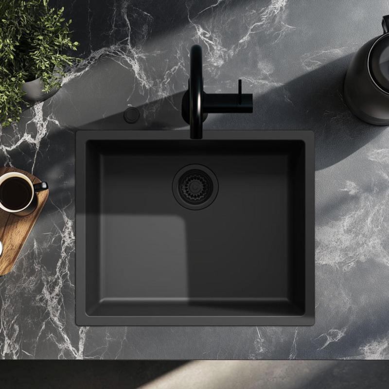 Ausmann Fibre fekete mosogató 50x40cm alulról szerelhető, felületre szerelhető és lapra szerelhető automatikus fekete dugóval 1208971856