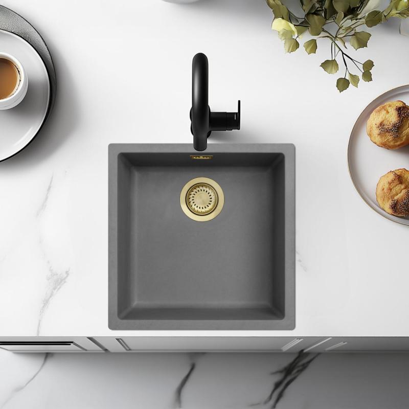 Ausmann Fibre beton szürke mosogató 40x40cm alulról, felülről és síkba építve arany dugóval 1208971881