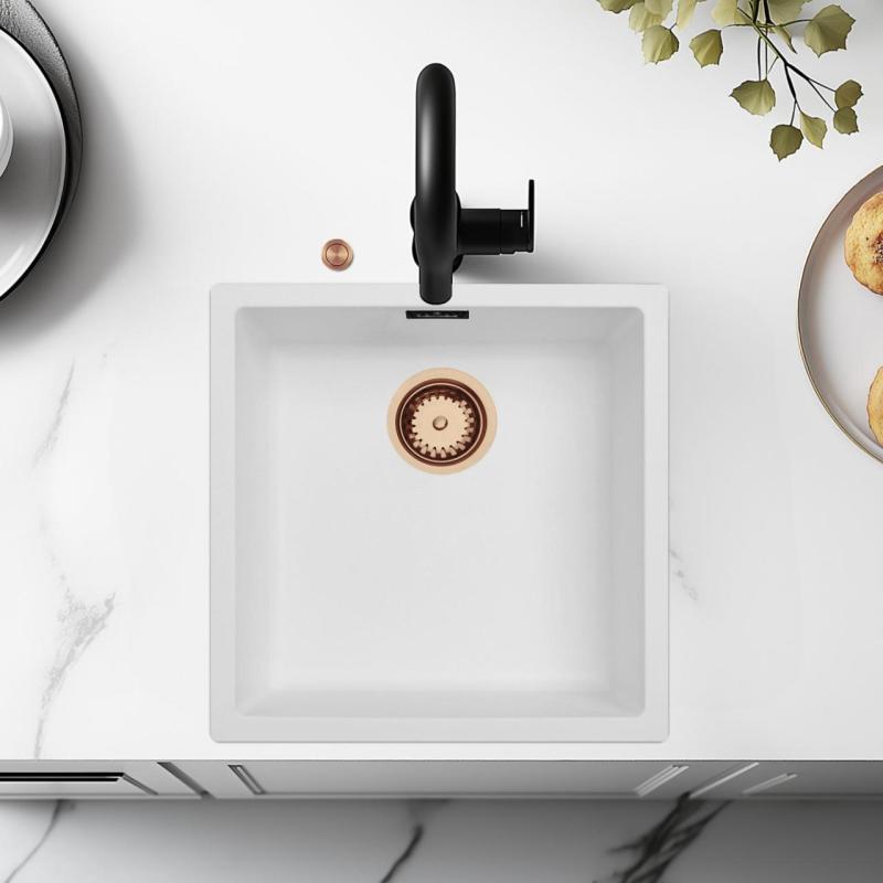 Ausmann Fibre fehér mosogató 40x40cm alulról, felülről és síkban építve automatikus réz dugóval 1208971893
