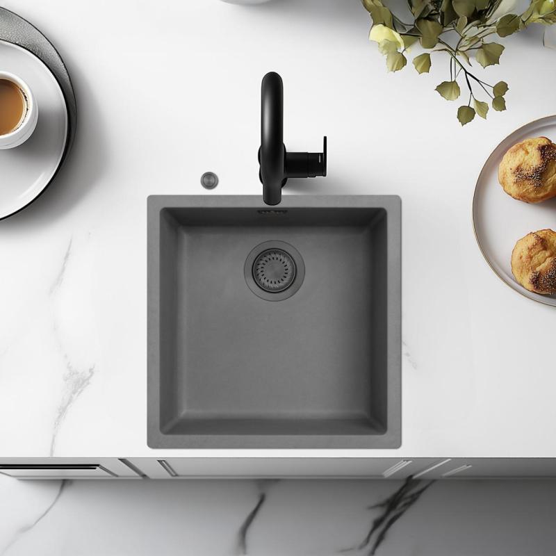 Ausmann Fibre beton szürke mosogató 40x40cm alulról, felülről és síkba építve automatikus gun metal dugóval 1208971914