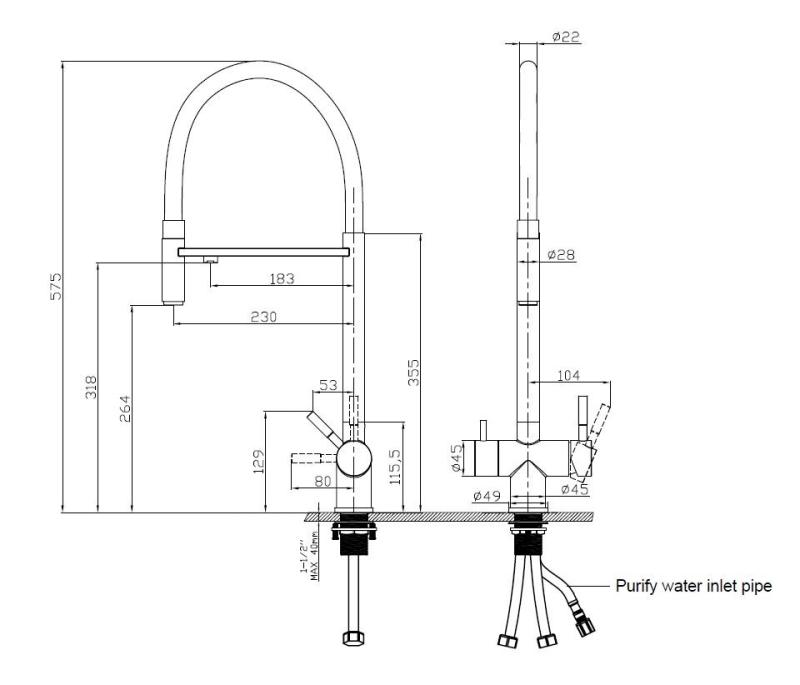 Pure.Sink Elite Steel Flex 3-utas PVD arany színű konyhai csaptelep rugalmas kifolyóval és szűrt vízzel PS8110-60