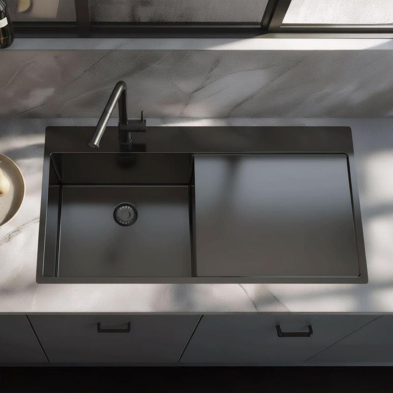 Pure.Sink Exclusivo Gun metal mosogató lecsepegtetővel 100x52 cm Tapwing bal oldali PEX47100LT-61