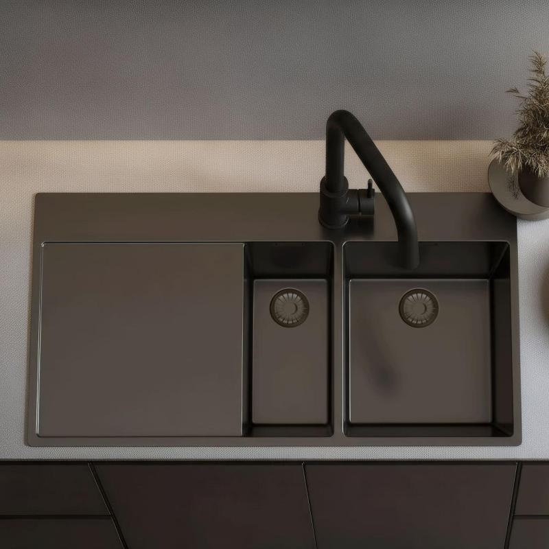 Pure.Sink Exclusivo Gun metal 1,5  mosogató lecsepegtetővel 100x52 cm Csaptelep jobb oldalon PEX3418100RT-61