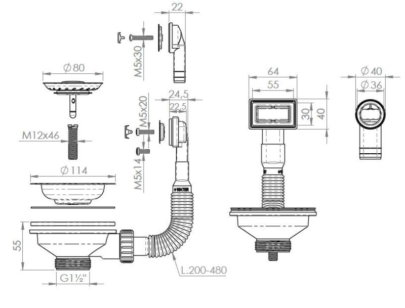 Pure.Sink Universal kosár dugó készlet Réz, lefolyó készlet mosogatóhoz, kerek és téglalap alakú túlfolyóval WSTMAN-62