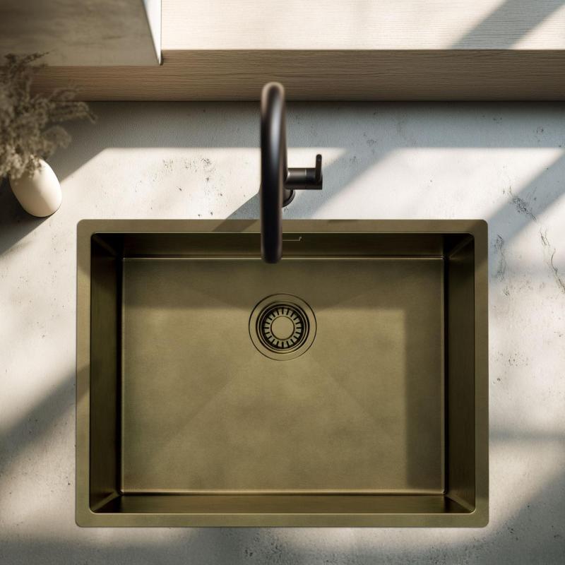 Pure.Sink Luxion PVD Antik bronz mosogató 55x40 cm alulról szerelhető, síkba építhető és felülről szerelhető  fenékrekeszel PLX5540-64