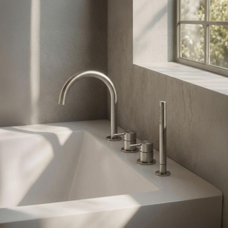 MURO TUA beépíthető kádperem-csaptelep kerek kifolyóval és kihúzható kézi zuhannyal, króm 1208972441