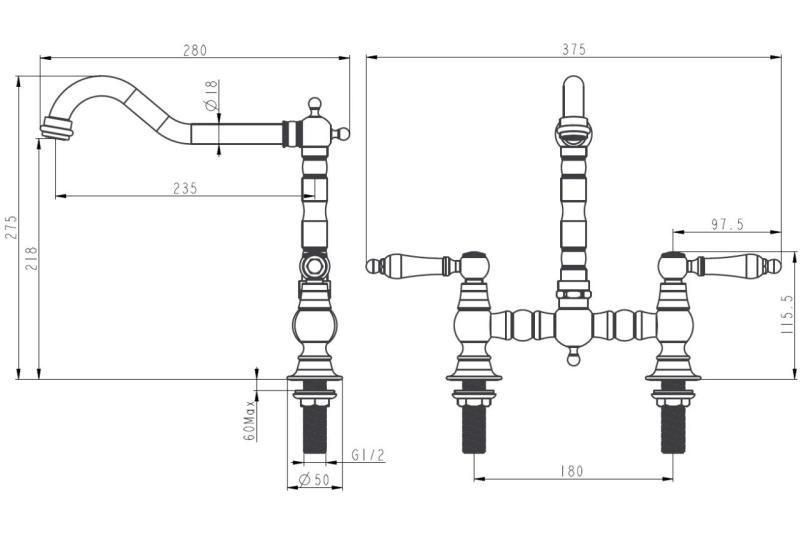 Aquanello Heritage Manor Klasszikus konyha, nosztalgikus stílusú konyhai csaptelep, bronz színű, fehér fogantyúval BN-0010-HM