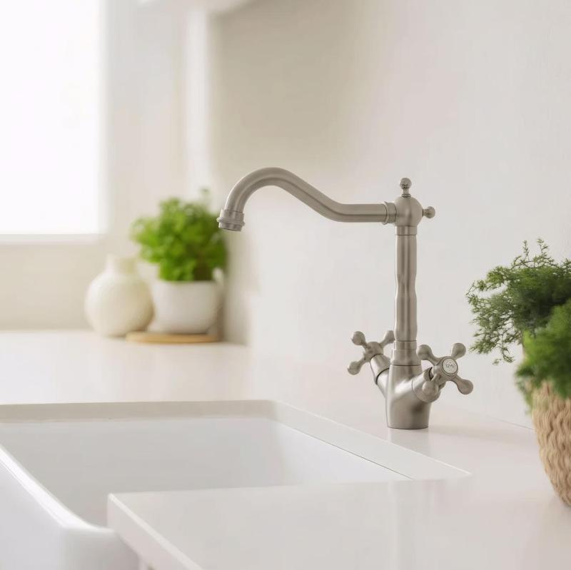 Aquanello Heritage Ascot Klasszikus konyha – nosztalgikus konyhai csaptelep rozsdamentes acélból, derékszögű kifolyóval NB-4002-HA