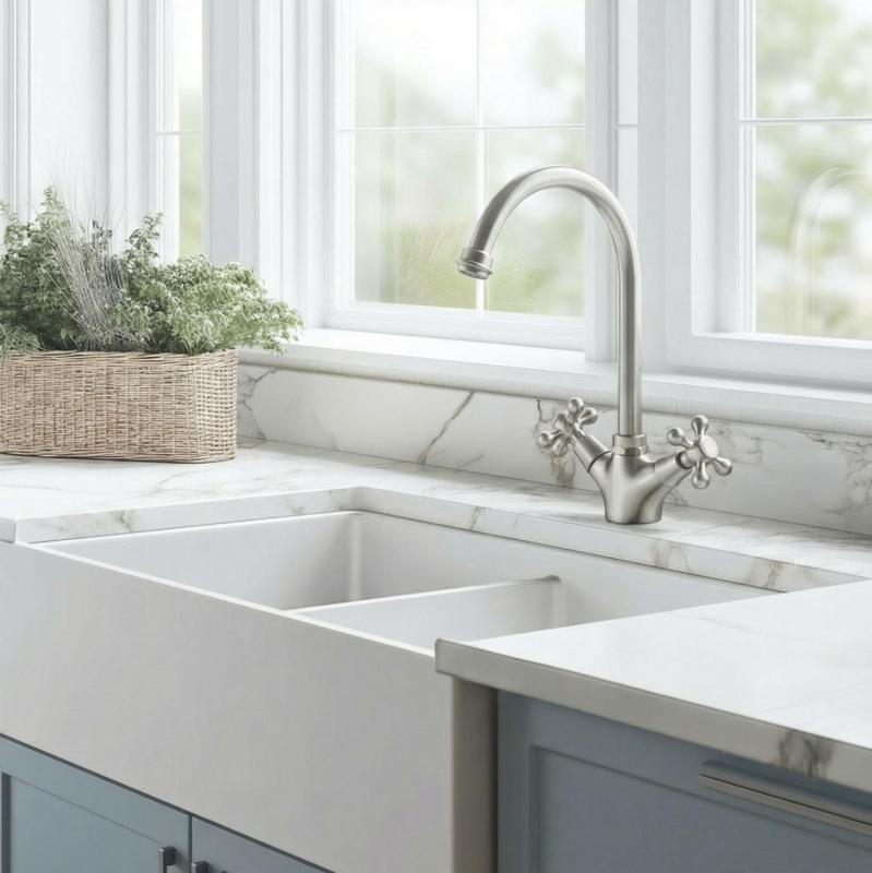 Aquanello Heritage Ascot Klasszikus konyha – nosztalgikus konyhai csaptelep rozsdamentes acélból, kerek kifolyóval NB-4003-HA