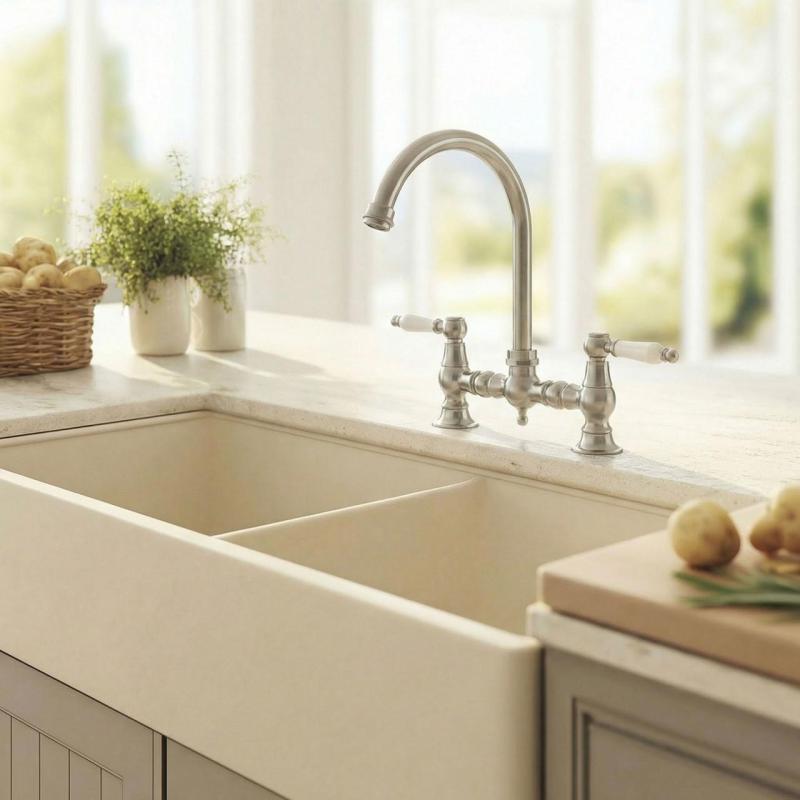 Aquanello Heritage Manor Klasszikus konyha Nosztalgikus híd Konyhai csaptelep rozsdamentes acélból, fehér karral és kerek kifolyóval NB-0011-HM