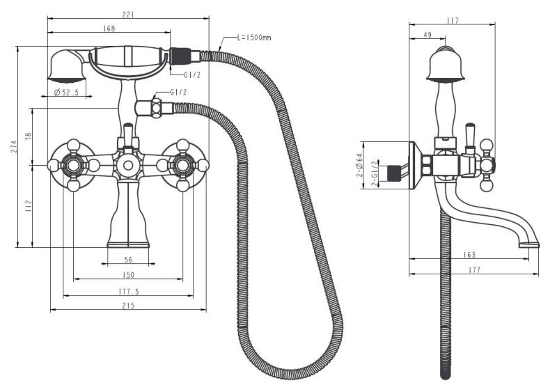 Aquanello Heritage Ascot Klasszikus felépítésű fürdőkád csaptelep csillaggombokkal, rozsdamentes acélból, kézi zuhannyal NB-3002-HA