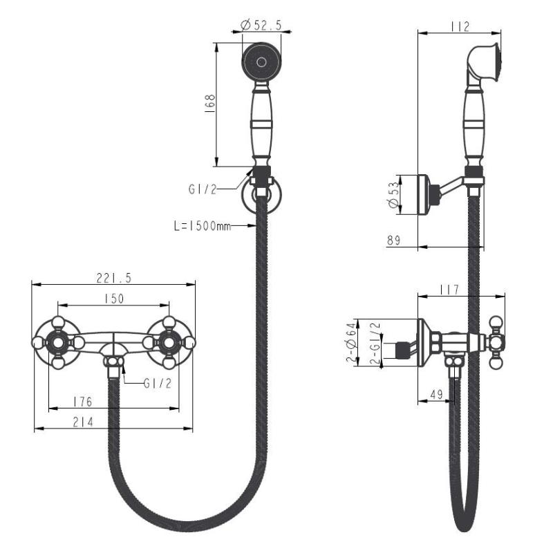 Aquanello Heritage Ascot Klasszikus szerelvényű zuhanycsaptelep csillaggombokkal, rozsdamentes acélból, kézi zuhannyal NB-2002-HA