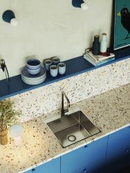 Aquadesign Plana Rozsdamentes acél felépítményes mosogató 48x49 cm, csapolólyukkal, szifonnal és Clickclack leeresztő dugóval 1208972559