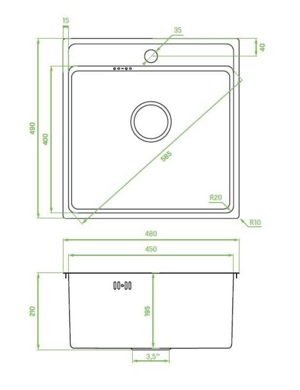 Aquadesign Plana Rozsdamentes acél felépítményes mosogató 48x49 cm, csapolólyukkal, szifonnal és Clickclack leeresztő dugóval 1208972559