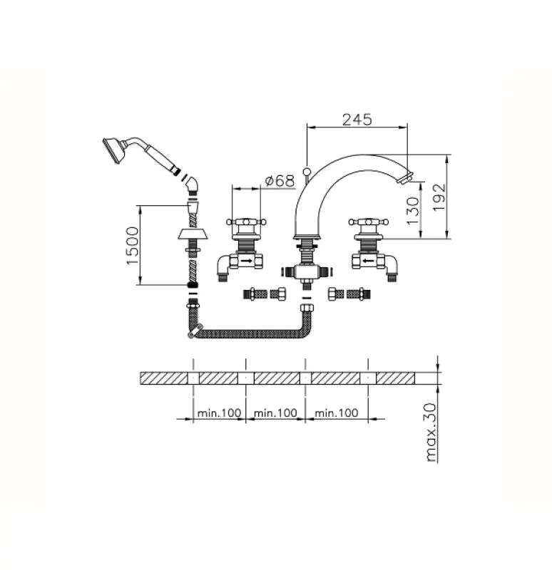 Huber Victorian 4 lyukú fürdőcsaptelep zuhanyzó szettel, króm VT00026021